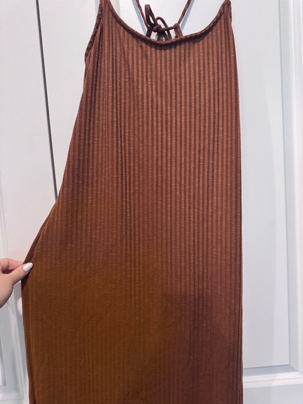 Brown Ribbed Spaghetti Strap Midi Maternity Dress Pink Blush Size Large - Picture 2 of 6